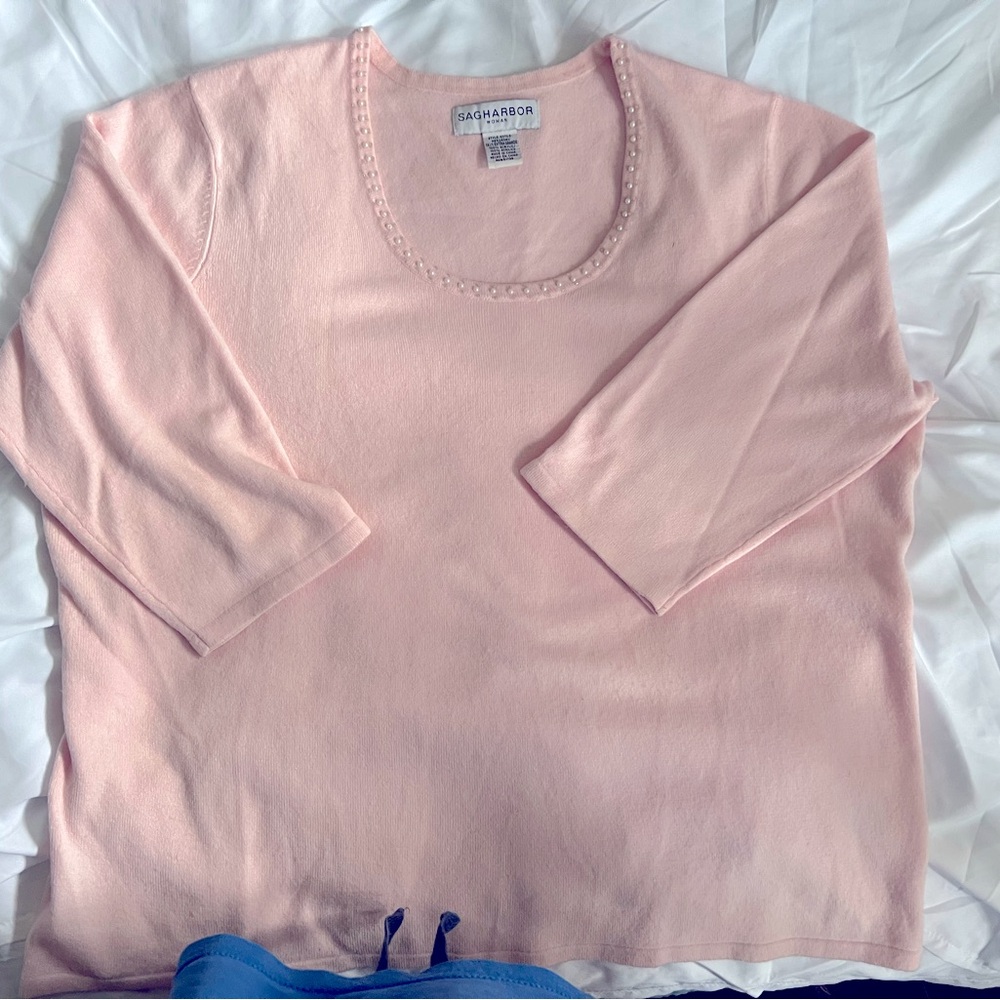 Light pink sweater with embellishments on neck see pics for measurements
